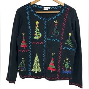 Erna's Closet Cotton Embroidered Christmas Tree Holiday Cardigan Sweater - M